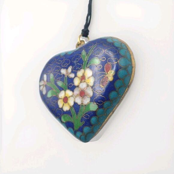 Antique Vintage Brass Enamel Cloisonne Heart Pendant Necklace 2" Statement 33.5g - Picture 6 of 10